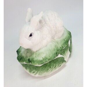 Bisque Porcelain Bunny Rabbit Trinket Box 1989 CBK Cabbage Leaf Spring Easter